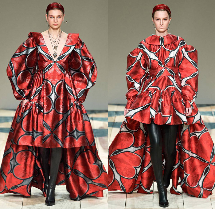 Alexander McQueen 2020-2021 Fall Autumn Winter Womens Runway Catwalk Looks Sarah Burton - Mode à Paris Fashion Week France - Welsh Folklore Tailor's Quilt Bedazzled Sequins Spoons Metallic Beads Ruffles Cording Embroidery Bodice Dress Patchwork Tailored Coat Silk Satin Sheer Tulle Blazer Pantsuit Mullet Hem Swallow's Tail Draped Heart Fil Coupé Animals Birds Jacquard 17th Century Love Letters Medieval Red Black Silver Gown Fins Wings Harness Lace Knit Thigh High Boots Handbag Tote 