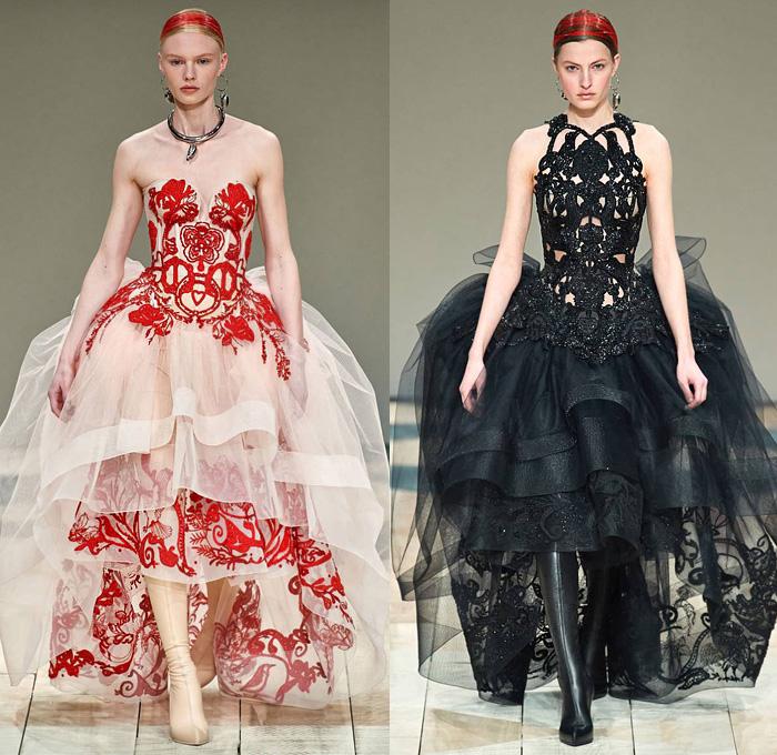 Alexander McQueen 2020-2021 Fall Autumn Winter Womens Runway Catwalk Looks Sarah Burton - Mode à Paris Fashion Week France - Welsh Folklore Tailor's Quilt Bedazzled Sequins Spoons Metallic Beads Ruffles Cording Embroidery Bodice Dress Patchwork Tailored Coat Silk Satin Sheer Tulle Blazer Pantsuit Mullet Hem Swallow's Tail Draped Heart Fil Coupé Animals Birds Jacquard 17th Century Love Letters Medieval Red Black Silver Gown Fins Wings Harness Lace Knit Thigh High Boots Handbag Tote 