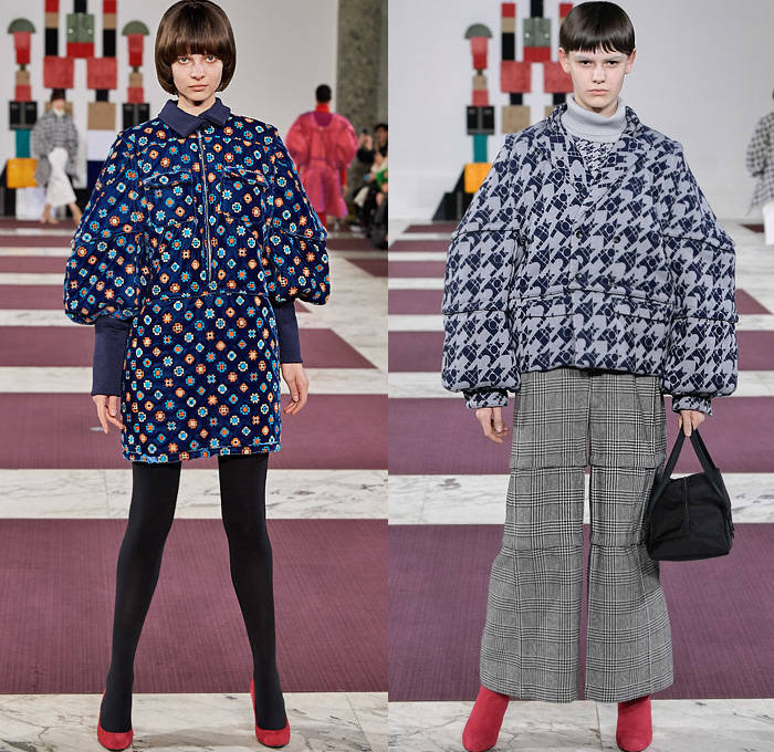 ANREALAGE 2020-2021 Fall Autumn Winter Womens Runway Catwalk Looks Kunihiko Morinaga - Mode à Paris Fashion Week France - Block Build Break Rebuild Geometric Panels Velvet Decorative Art Embroidery Poufy Leg O'MUtton Sleeves Fins Puff Ball Houndstooth Trench Coat Knit Braid Turtleneck Quilted Puffer Vest Parka Wide Sleeves Frog Closures Raw Dry Denim Jeans Fur A-Line Skirt Dress Patchwork Wool Leggings Tights Wide Leg Culottes Boots