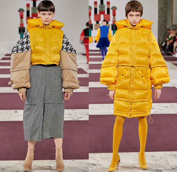 ANREALAGE 2020-2021 Fall Autumn Winter Womens Runway Catwalk Looks Kunihiko Morinaga - Mode à Paris Fashion Week France - Block Build Break Rebuild Geometric Panels Velvet Decorative Art Embroidery Poufy Leg O'MUtton Sleeves Fins Puff Ball Houndstooth Trench Coat Knit Braid Turtleneck Quilted Puffer Vest Parka Wide Sleeves Frog Closures Raw Dry Denim Jeans Fur A-Line Skirt Dress Patchwork Wool Leggings Tights Wide Leg Culottes Boots