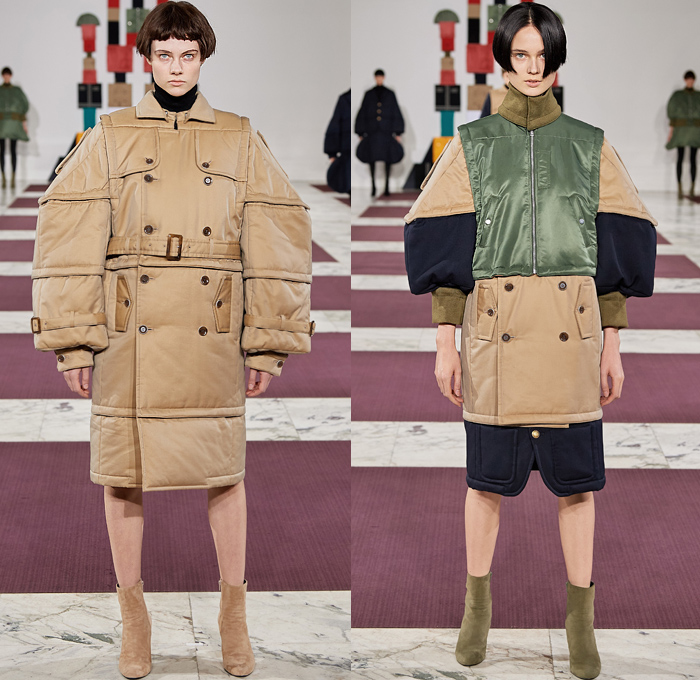 ANREALAGE 2020-2021 Fall Autumn Winter Womens Runway Catwalk Looks Kunihiko Morinaga - Mode à Paris Fashion Week France - Block Build Break Rebuild Geometric Panels Velvet Decorative Art Embroidery Poufy Leg O'MUtton Sleeves Fins Puff Ball Houndstooth Trench Coat Knit Braid Turtleneck Quilted Puffer Vest Parka Wide Sleeves Frog Closures Raw Dry Denim Jeans Fur A-Line Skirt Dress Patchwork Wool Leggings Tights Wide Leg Culottes Boots