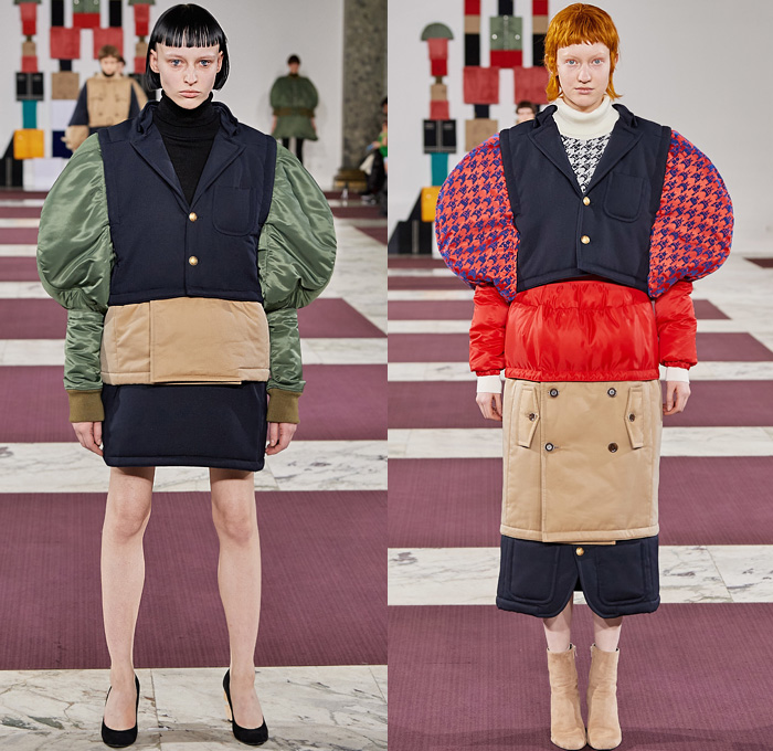 ANREALAGE 2020-2021 Fall Autumn Winter Womens Runway Catwalk Looks Kunihiko Morinaga - Mode à Paris Fashion Week France - Block Build Break Rebuild Geometric Panels Velvet Decorative Art Embroidery Poufy Leg O'MUtton Sleeves Fins Puff Ball Houndstooth Trench Coat Knit Braid Turtleneck Quilted Puffer Vest Parka Wide Sleeves Frog Closures Raw Dry Denim Jeans Fur A-Line Skirt Dress Patchwork Wool Leggings Tights Wide Leg Culottes Boots