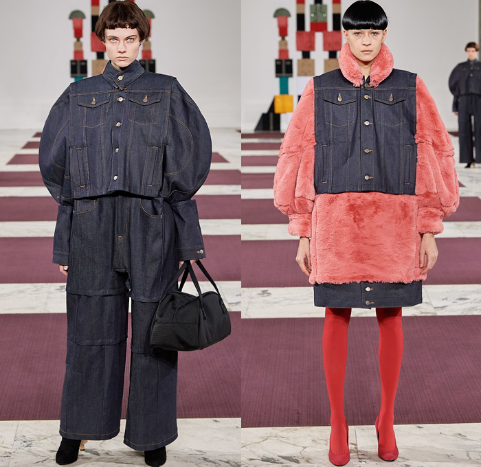 ANREALAGE 2020-2021 Fall Autumn Winter Womens Runway Catwalk Looks Kunihiko Morinaga - Mode à Paris Fashion Week France - Block Build Break Rebuild Geometric Panels Velvet Decorative Art Embroidery Poufy Leg O'MUtton Sleeves Fins Puff Ball Houndstooth Trench Coat Knit Braid Turtleneck Quilted Puffer Vest Parka Wide Sleeves Frog Closures Raw Dry Denim Jeans Fur A-Line Skirt Dress Patchwork Wool Leggings Tights Wide Leg Culottes Boots