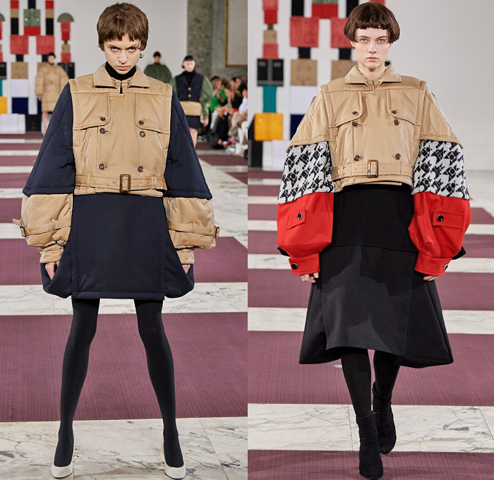 ANREALAGE 2020-2021 Fall Autumn Winter Womens Runway Catwalk Looks Kunihiko Morinaga - Mode à Paris Fashion Week France - Block Build Break Rebuild Geometric Panels Velvet Decorative Art Embroidery Poufy Leg O'MUtton Sleeves Fins Puff Ball Houndstooth Trench Coat Knit Braid Turtleneck Quilted Puffer Vest Parka Wide Sleeves Frog Closures Raw Dry Denim Jeans Fur A-Line Skirt Dress Patchwork Wool Leggings Tights Wide Leg Culottes Boots