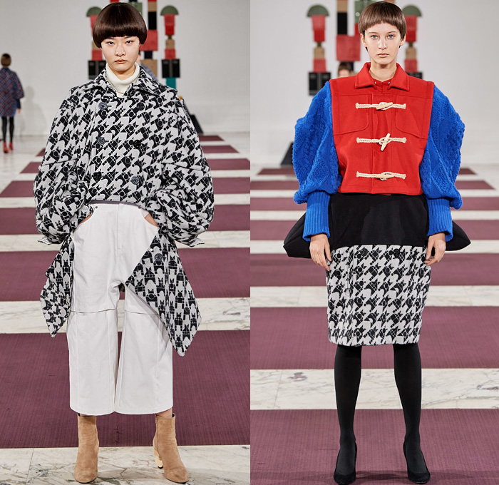 ANREALAGE 2020-2021 Fall Autumn Winter Womens Runway Catwalk Looks Kunihiko Morinaga - Mode à Paris Fashion Week France - Block Build Break Rebuild Geometric Panels Velvet Decorative Art Embroidery Poufy Leg O'MUtton Sleeves Fins Puff Ball Houndstooth Trench Coat Knit Braid Turtleneck Quilted Puffer Vest Parka Wide Sleeves Frog Closures Raw Dry Denim Jeans Fur A-Line Skirt Dress Patchwork Wool Leggings Tights Wide Leg Culottes Boots