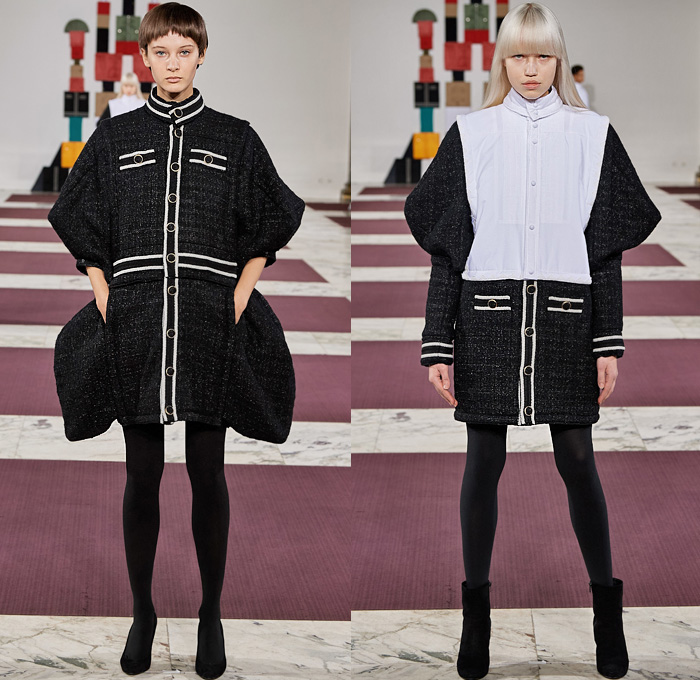 ANREALAGE 2020-2021 Fall Autumn Winter Womens Runway Catwalk Looks Kunihiko Morinaga - Mode à Paris Fashion Week France - Block Build Break Rebuild Geometric Panels Velvet Decorative Art Embroidery Poufy Leg O'MUtton Sleeves Fins Puff Ball Houndstooth Trench Coat Knit Braid Turtleneck Quilted Puffer Vest Parka Wide Sleeves Frog Closures Raw Dry Denim Jeans Fur A-Line Skirt Dress Patchwork Wool Leggings Tights Wide Leg Culottes Boots