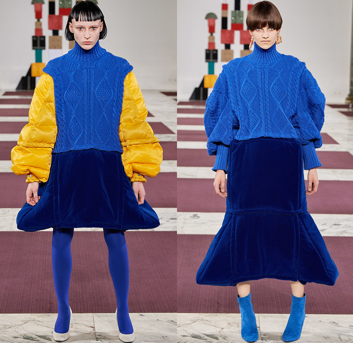 ANREALAGE 2020-2021 Fall Autumn Winter Womens Runway Catwalk Looks Kunihiko Morinaga - Mode à Paris Fashion Week France - Block Build Break Rebuild Geometric Panels Velvet Decorative Art Embroidery Poufy Leg O'MUtton Sleeves Fins Puff Ball Houndstooth Trench Coat Knit Braid Turtleneck Quilted Puffer Vest Parka Wide Sleeves Frog Closures Raw Dry Denim Jeans Fur A-Line Skirt Dress Patchwork Wool Leggings Tights Wide Leg Culottes Boots