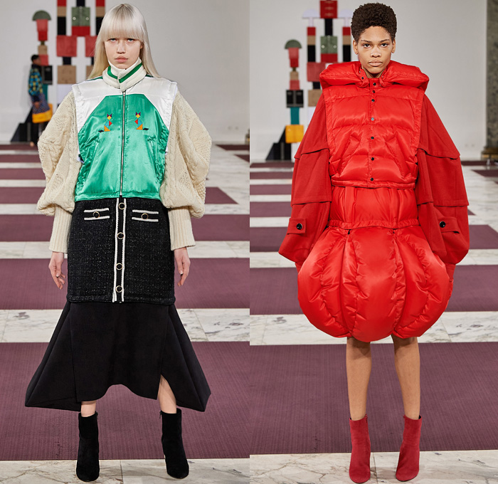 ANREALAGE 2020-2021 Fall Autumn Winter Womens Runway Catwalk Looks Kunihiko Morinaga - Mode à Paris Fashion Week France - Block Build Break Rebuild Geometric Panels Velvet Decorative Art Embroidery Poufy Leg O'MUtton Sleeves Fins Puff Ball Houndstooth Trench Coat Knit Braid Turtleneck Quilted Puffer Vest Parka Wide Sleeves Frog Closures Raw Dry Denim Jeans Fur A-Line Skirt Dress Patchwork Wool Leggings Tights Wide Leg Culottes Boots