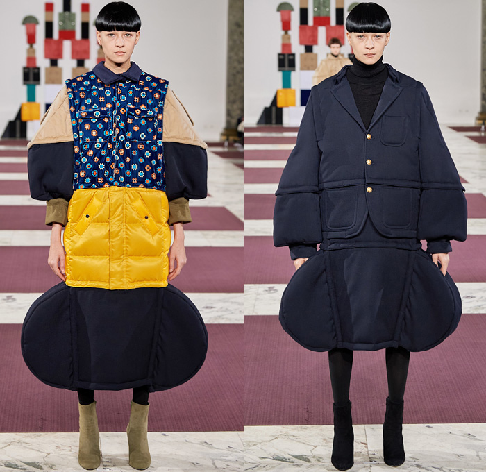 ANREALAGE 2020-2021 Fall Autumn Winter Womens Runway Catwalk Looks Kunihiko Morinaga - Mode à Paris Fashion Week France - Block Build Break Rebuild Geometric Panels Velvet Decorative Art Embroidery Poufy Leg O'MUtton Sleeves Fins Puff Ball Houndstooth Trench Coat Knit Braid Turtleneck Quilted Puffer Vest Parka Wide Sleeves Frog Closures Raw Dry Denim Jeans Fur A-Line Skirt Dress Patchwork Wool Leggings Tights Wide Leg Culottes Boots