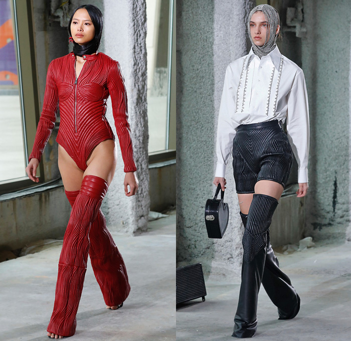 Area NYC 2020-2021 Fall Autumn Winter Womens Runway Catwalk Looks - New York Fashion Week NYFW - Alien Skin Onesie Unitard Playsuit Hair Wrap Bedazzled Crystals Gems Embroidery Knit Turtleneck Sweaterdress Cutout Blazer Holes Pantsuit Trench Coat Wood Parquet Floor Landscape Hypnotic Zigzag Print Strapless One Shoulder Dress Sculpture Heart Shape Gown Braid Fringes Petal Collar Lapel Poufy Sleeves Shorts Thigh High Leg Warmers Tights Hotpants Heart Bag Chair Necklace Heels Boots