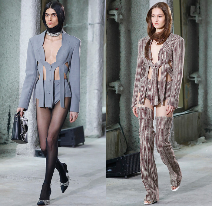 Area NYC 2020-2021 Fall Autumn Winter Womens Runway Catwalk Looks - New York Fashion Week NYFW - Alien Skin Onesie Unitard Playsuit Hair Wrap Bedazzled Crystals Gems Embroidery Knit Turtleneck Sweaterdress Cutout Blazer Holes Pantsuit Trench Coat Wood Parquet Floor Landscape Hypnotic Zigzag Print Strapless One Shoulder Dress Sculpture Heart Shape Gown Braid Fringes Petal Collar Lapel Poufy Sleeves Shorts Thigh High Leg Warmers Tights Hotpants Heart Bag Chair Necklace Heels Boots