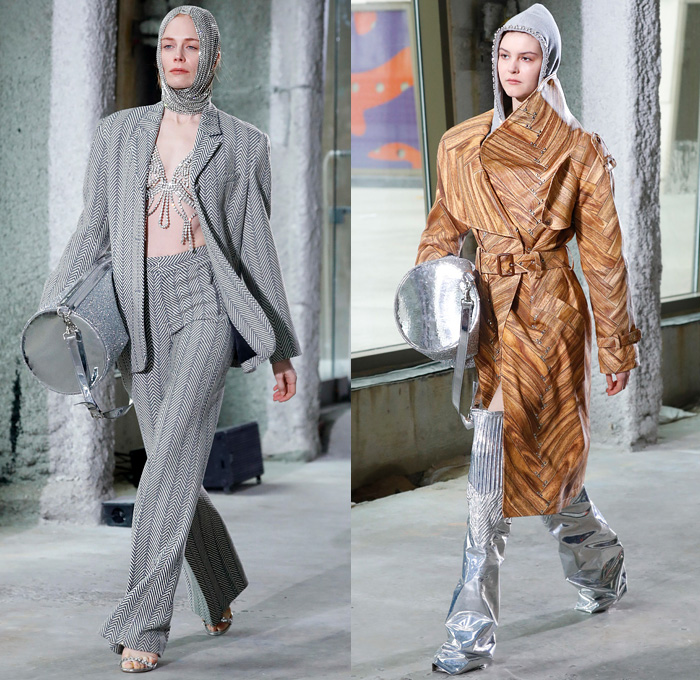 Area NYC 2020-2021 Fall Autumn Winter Womens Runway Catwalk Looks - New York Fashion Week NYFW - Alien Skin Onesie Unitard Playsuit Hair Wrap Bedazzled Crystals Gems Embroidery Knit Turtleneck Sweaterdress Cutout Blazer Holes Pantsuit Trench Coat Wood Parquet Floor Landscape Hypnotic Zigzag Print Strapless One Shoulder Dress Sculpture Heart Shape Gown Braid Fringes Petal Collar Lapel Poufy Sleeves Shorts Thigh High Leg Warmers Tights Hotpants Heart Bag Chair Necklace Heels Boots