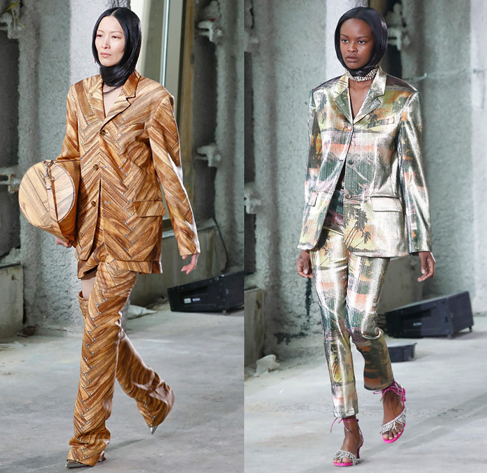 Area NYC 2020-2021 Fall Autumn Winter Womens Runway Catwalk Looks - New York Fashion Week NYFW - Alien Skin Onesie Unitard Playsuit Hair Wrap Bedazzled Crystals Gems Embroidery Knit Turtleneck Sweaterdress Cutout Blazer Holes Pantsuit Trench Coat Wood Parquet Floor Landscape Hypnotic Zigzag Print Strapless One Shoulder Dress Sculpture Heart Shape Gown Braid Fringes Petal Collar Lapel Poufy Sleeves Shorts Thigh High Leg Warmers Tights Hotpants Heart Bag Chair Necklace Heels Boots