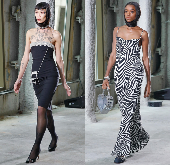 Area NYC 2020-2021 Fall Autumn Winter Womens Runway Catwalk Looks - New York Fashion Week NYFW - Alien Skin Onesie Unitard Playsuit Hair Wrap Bedazzled Crystals Gems Embroidery Knit Turtleneck Sweaterdress Cutout Blazer Holes Pantsuit Trench Coat Wood Parquet Floor Landscape Hypnotic Zigzag Print Strapless One Shoulder Dress Sculpture Heart Shape Gown Braid Fringes Petal Collar Lapel Poufy Sleeves Shorts Thigh High Leg Warmers Tights Hotpants Heart Bag Chair Necklace Heels Boots