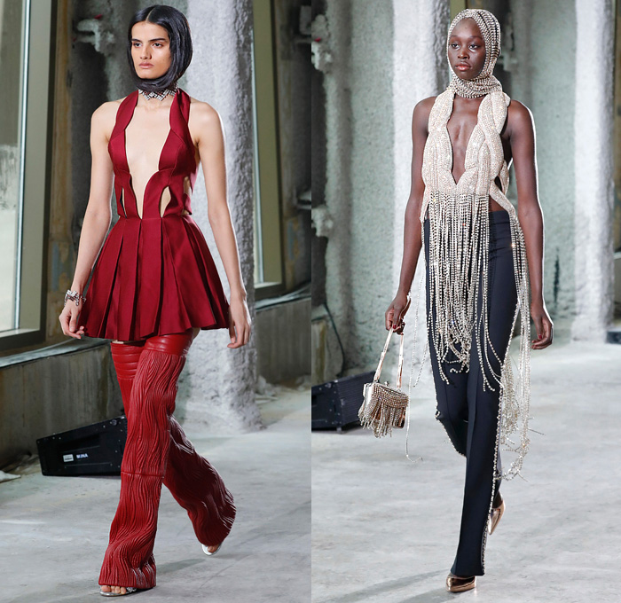 Area NYC 2020-2021 Fall Autumn Winter Womens Runway Catwalk Looks - New York Fashion Week NYFW - Alien Skin Onesie Unitard Playsuit Hair Wrap Bedazzled Crystals Gems Embroidery Knit Turtleneck Sweaterdress Cutout Blazer Holes Pantsuit Trench Coat Wood Parquet Floor Landscape Hypnotic Zigzag Print Strapless One Shoulder Dress Sculpture Heart Shape Gown Braid Fringes Petal Collar Lapel Poufy Sleeves Shorts Thigh High Leg Warmers Tights Hotpants Heart Bag Chair Necklace Heels Boots