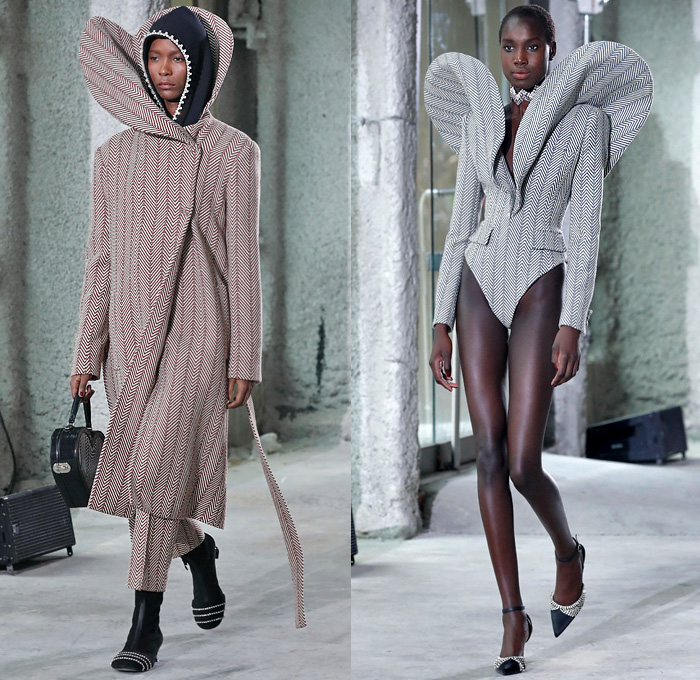 Area NYC 2020-2021 Fall Autumn Winter Womens Runway Catwalk Looks - New York Fashion Week NYFW - Alien Skin Onesie Unitard Playsuit Hair Wrap Bedazzled Crystals Gems Embroidery Knit Turtleneck Sweaterdress Cutout Blazer Holes Pantsuit Trench Coat Wood Parquet Floor Landscape Hypnotic Zigzag Print Strapless One Shoulder Dress Sculpture Heart Shape Gown Braid Fringes Petal Collar Lapel Poufy Sleeves Shorts Thigh High Leg Warmers Tights Hotpants Heart Bag Chair Necklace Heels Boots