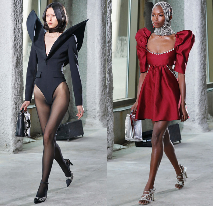 Area NYC 2020-2021 Fall Autumn Winter Womens Runway Catwalk Looks - New York Fashion Week NYFW - Alien Skin Onesie Unitard Playsuit Hair Wrap Bedazzled Crystals Gems Embroidery Knit Turtleneck Sweaterdress Cutout Blazer Holes Pantsuit Trench Coat Wood Parquet Floor Landscape Hypnotic Zigzag Print Strapless One Shoulder Dress Sculpture Heart Shape Gown Braid Fringes Petal Collar Lapel Poufy Sleeves Shorts Thigh High Leg Warmers Tights Hotpants Heart Bag Chair Necklace Heels Boots