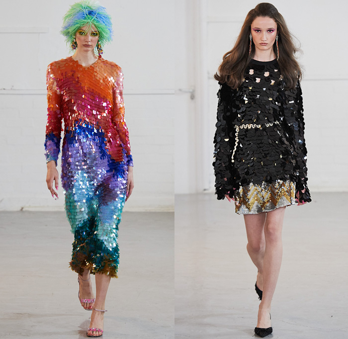 Ashish Gupta 2020-2021 Fall Autumn Winter Womens Runway Catwalk Looks - London Fashion Week Collections UK - 1970s Seventies Art Deco Disco Bedazzled Hand Embroidery Embellished Beads Sequins Sparkly Gems Crystals Leopard Zebra Flowers Floral Check Plaid Houndstooth Stripes Curves Waves Zigzag Sun Rays Hypnotic Polka Dots Ombré Fringes Noodle Strap One Shoulder Fur Halterneck Braid Headband Ribbon Bow Leggings Robe Coat Jacket Skirt Dress Wide Leg Pants Onesie Jumpsuit Coveralls