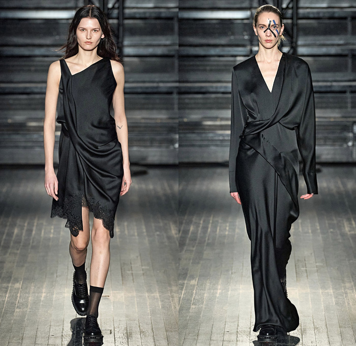 ATLEIN by Antonin Tron 2020-2021 Fall Autumn Winter Womens Runway Catwalk Looks - Mode à Paris Fashion Week France - Anti-Facial Recognition Algorithm Make-Up 1990s Nineties Silk Satin Lingerie Intimates Lace Needlework Embroidery Blurred Flowers Floral Snakeskin Bra Draped Asymmetrical One Shoulder Slip Dress Tuxedo Stripe Pants Quilted Puffer Coat Jacket Hanging Sleeve Patchwork Crop Top Midriff Handbag Purse Stockings Socks Oxfords Boots