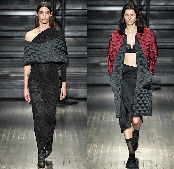 ATLEIN by Antonin Tron 2020-2021 Fall Autumn Winter Womens Runway Catwalk Looks - Mode à Paris Fashion Week France - Anti-Facial Recognition Algorithm Make-Up 1990s Nineties Silk Satin Lingerie Intimates Lace Needlework Embroidery Blurred Flowers Floral Snakeskin Bra Draped Asymmetrical One Shoulder Slip Dress Tuxedo Stripe Pants Quilted Puffer Coat Jacket Hanging Sleeve Patchwork Crop Top Midriff Handbag Purse Stockings Socks Oxfords Boots