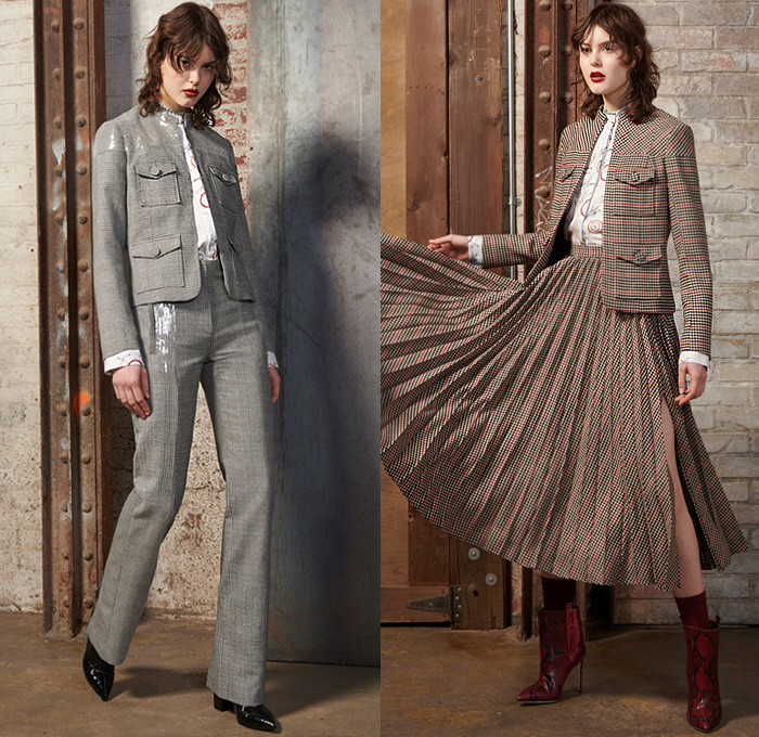 Audra Noyes 2020-2021 Fall Autumn Winter Womens Lookbook Presentation - New York Fashion Week NYFW - Grandmother Ruth Strapless Bustier Paint Brushstroke Streak Tie Up Waist Pantsuit Bedazzled Sequins Embroidery Cargo Utility Flap Pockets Herringbone Check Houndstooth Accordion Pleats Midi Skirt Quilted Puffer Jacket Curved Bitten Hem Cap Sleeve Knit Cap Beanie Long Sleeve Blouse Scarf Wide Bell Sleeves Dress Draped Shirtdress Silk Satin Drawings Snakeskin Crocodile Boots