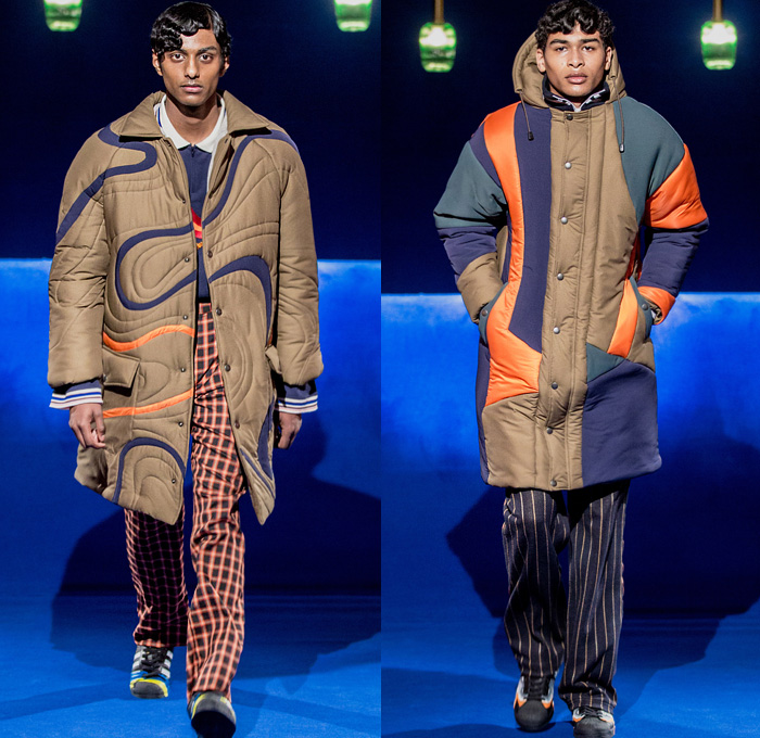 Priya Ahluwalia 2020-2021 Fall Autumn Winter Mens Runway Looks - London Fashion Week Mens Collections UK - Frequency 1960s 1970s Waves Curves Lucid Quilted Puffer Parka Coat Patchwork Knit Sweater Check Plaid Denim Jeans Jacket Contrast Stitching Suede Geometric Jogger Sweatpants  Tracksuit Gloves Lanyard Sneakers