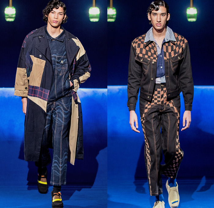 Priya Ahluwalia 2020-2021 Fall Autumn Winter Mens Runway Looks - London Fashion Week Mens Collections UK - Frequency 1960s 1970s Waves Curves Lucid Quilted Puffer Parka Coat Patchwork Knit Sweater Check Plaid Denim Jeans Jacket Contrast Stitching Suede Geometric Jogger Sweatpants  Tracksuit Gloves Lanyard Sneakers