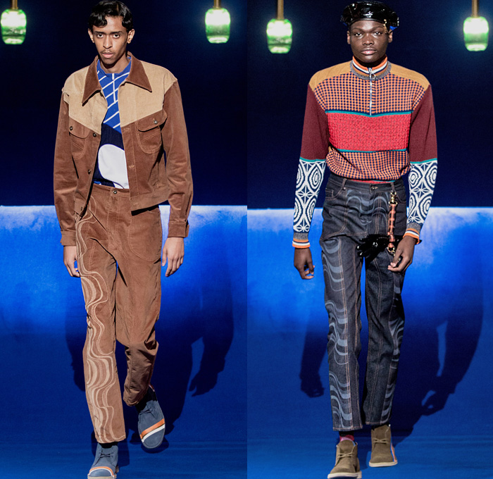 Priya Ahluwalia 2020-2021 Fall Autumn Winter Mens Runway Looks - London Fashion Week Mens Collections UK - Frequency 1960s 1970s Waves Curves Lucid Quilted Puffer Parka Coat Patchwork Knit Sweater Check Plaid Denim Jeans Jacket Contrast Stitching Suede Geometric Jogger Sweatpants  Tracksuit Gloves Lanyard Sneakers