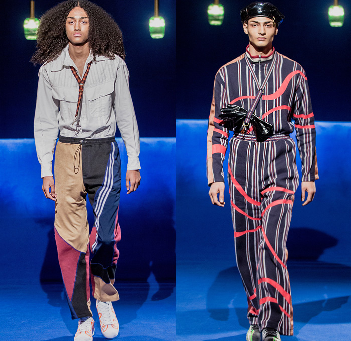 Priya Ahluwalia 2020-2021 Fall Autumn Winter Mens Runway Looks - London Fashion Week Mens Collections UK - Frequency 1960s 1970s Waves Curves Lucid Quilted Puffer Parka Coat Patchwork Knit Sweater Check Plaid Denim Jeans Jacket Contrast Stitching Suede Geometric Jogger Sweatpants  Tracksuit Gloves Lanyard Sneakers