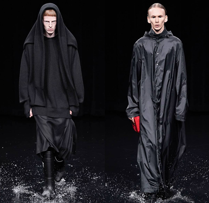 Balenciaga 2020-2021 Fall Autumn Winter Mens Runway Catwalk Looks - Mode à Paris Fashion Week France - Sinister Clerical Apocalyptic Black Dark Motorcycle Biker Rider Suit Knee Panels Soccer Football Shorts Leggings Chainlink Pins Denim Jeans Thigh High Boots Oversized Long Outerwear Trench Coat Silk Satin Lounge Sleepwear Turtleneck Fur Jacket Spikes Thorns Horns Knit Sweatshirt Hoodie Rainwear Parka Draped Head Shawl Clutch Bag