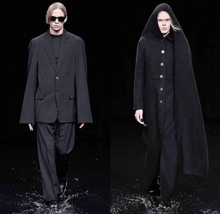 Balenciaga 2020-2021 Fall Autumn Winter Mens Runway Catwalk Looks - Mode à Paris Fashion Week France - Sinister Clerical Apocalyptic Black Dark Motorcycle Biker Rider Suit Knee Panels Soccer Football Shorts Leggings Chainlink Pins Denim Jeans Thigh High Boots Oversized Long Outerwear Trench Coat Silk Satin Lounge Sleepwear Turtleneck Fur Jacket Spikes Thorns Horns Knit Sweatshirt Hoodie Rainwear Parka Draped Head Shawl Clutch Bag