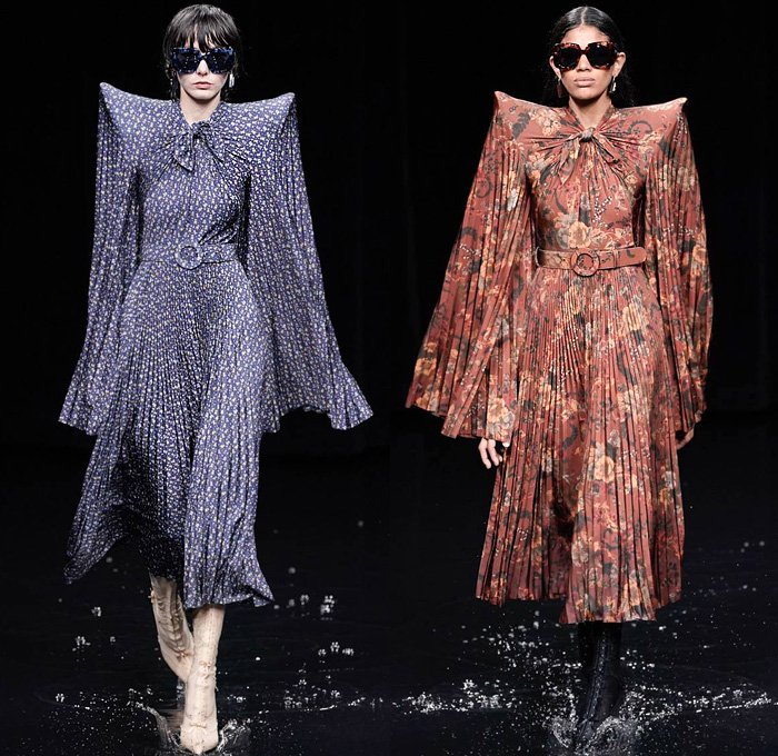 Balenciaga 2020-2021 Fall Autumn Winter Womens Runway Catwalk Looks - Mode à Paris Fashion Week France - Sinister Black Dark Frankenstein Strong Pointy Shoulders Accordion Pleats Tied Knot Flowers Floral Dress Denim Jeans Knit Turtleneck Sweater Midi Skirt Quilted Puffer Trench Coat Pantsuit Blazer Wide Leg Pants Cargo Pockets Pellegrina Cape Fur Body-con Jacket Herringbone Check Wrap Draped Silk Satin Gown Stockings Tights Polka Dots Duffel Bag PVC Vinyl Velvet Sunglasses Boots