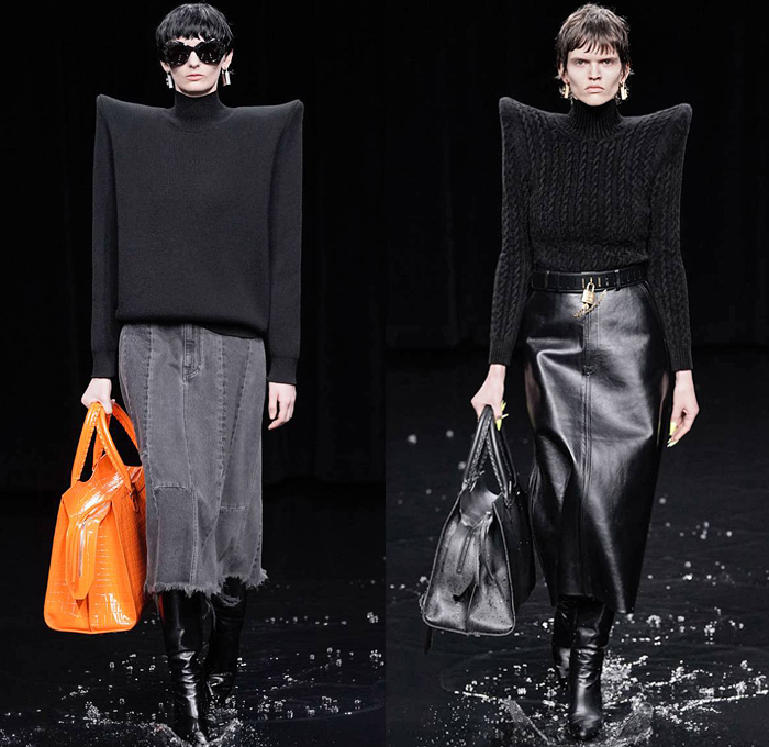 Balenciaga 2020-2021 Fall Autumn Winter Womens Runway Catwalk Looks - Mode à Paris Fashion Week France - Sinister Black Dark Frankenstein Strong Pointy Shoulders Accordion Pleats Tied Knot Flowers Floral Dress Denim Jeans Knit Turtleneck Sweater Midi Skirt Quilted Puffer Trench Coat Pantsuit Blazer Wide Leg Pants Cargo Pockets Pellegrina Cape Fur Body-con Jacket Herringbone Check Wrap Draped Silk Satin Gown Stockings Tights Polka Dots Duffel Bag PVC Vinyl Velvet Sunglasses Boots