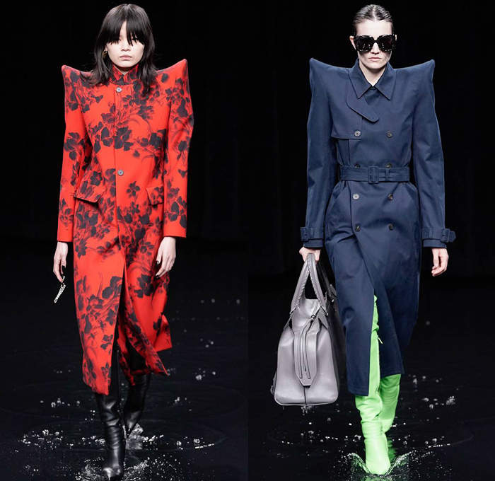 Balenciaga 2020-2021 Fall Autumn Winter Womens Runway Catwalk Looks - Mode à Paris Fashion Week France - Sinister Black Dark Frankenstein Strong Pointy Shoulders Accordion Pleats Tied Knot Flowers Floral Dress Denim Jeans Knit Turtleneck Sweater Midi Skirt Quilted Puffer Trench Coat Pantsuit Blazer Wide Leg Pants Cargo Pockets Pellegrina Cape Fur Body-con Jacket Herringbone Check Wrap Draped Silk Satin Gown Stockings Tights Polka Dots Duffel Bag PVC Vinyl Velvet Sunglasses Boots