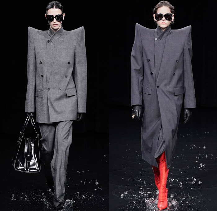 Balenciaga 2020-2021 Fall Autumn Winter Womens Runway Catwalk Looks - Mode à Paris Fashion Week France - Sinister Black Dark Frankenstein Strong Pointy Shoulders Accordion Pleats Tied Knot Flowers Floral Dress Denim Jeans Knit Turtleneck Sweater Midi Skirt Quilted Puffer Trench Coat Pantsuit Blazer Wide Leg Pants Cargo Pockets Pellegrina Cape Fur Body-con Jacket Herringbone Check Wrap Draped Silk Satin Gown Stockings Tights Polka Dots Duffel Bag PVC Vinyl Velvet Sunglasses Boots