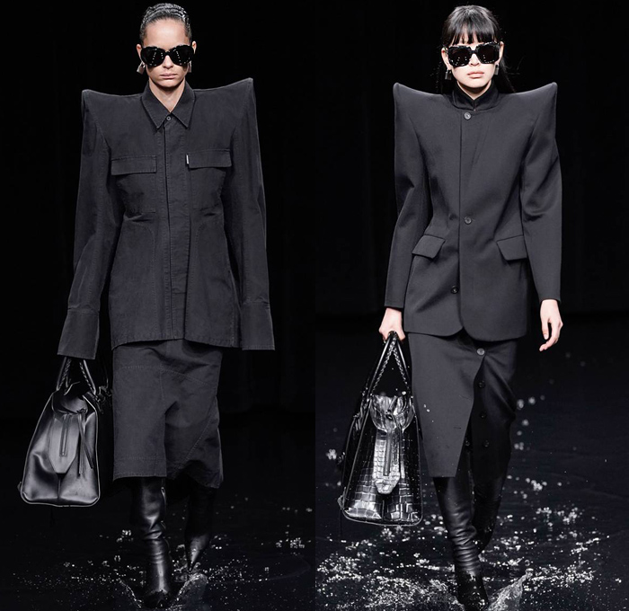 Balenciaga 2020-2021 Fall Autumn Winter Womens Runway Catwalk Looks - Mode à Paris Fashion Week France - Sinister Black Dark Frankenstein Strong Pointy Shoulders Accordion Pleats Tied Knot Flowers Floral Dress Denim Jeans Knit Turtleneck Sweater Midi Skirt Quilted Puffer Trench Coat Pantsuit Blazer Wide Leg Pants Cargo Pockets Pellegrina Cape Fur Body-con Jacket Herringbone Check Wrap Draped Silk Satin Gown Stockings Tights Polka Dots Duffel Bag PVC Vinyl Velvet Sunglasses Boots