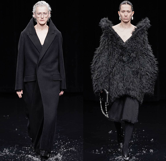 Balenciaga 2020-2021 Fall Autumn Winter Womens Runway Catwalk Looks - Mode à Paris Fashion Week France - Sinister Black Dark Frankenstein Strong Pointy Shoulders Accordion Pleats Tied Knot Flowers Floral Dress Denim Jeans Knit Turtleneck Sweater Midi Skirt Quilted Puffer Trench Coat Pantsuit Blazer Wide Leg Pants Cargo Pockets Pellegrina Cape Fur Body-con Jacket Herringbone Check Wrap Draped Silk Satin Gown Stockings Tights Polka Dots Duffel Bag PVC Vinyl Velvet Sunglasses Boots