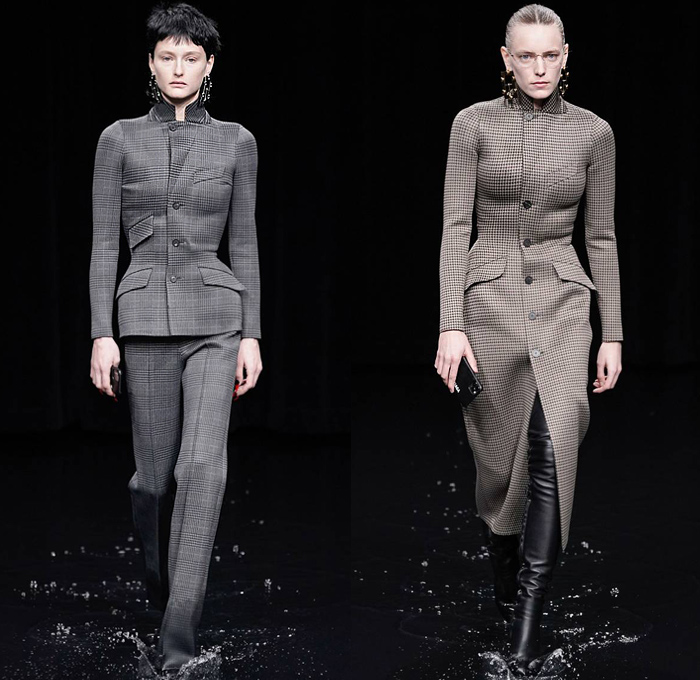 Balenciaga 2020-2021 Fall Autumn Winter Womens Runway Catwalk Looks - Mode à Paris Fashion Week France - Sinister Black Dark Frankenstein Strong Pointy Shoulders Accordion Pleats Tied Knot Flowers Floral Dress Denim Jeans Knit Turtleneck Sweater Midi Skirt Quilted Puffer Trench Coat Pantsuit Blazer Wide Leg Pants Cargo Pockets Pellegrina Cape Fur Body-con Jacket Herringbone Check Wrap Draped Silk Satin Gown Stockings Tights Polka Dots Duffel Bag PVC Vinyl Velvet Sunglasses Boots