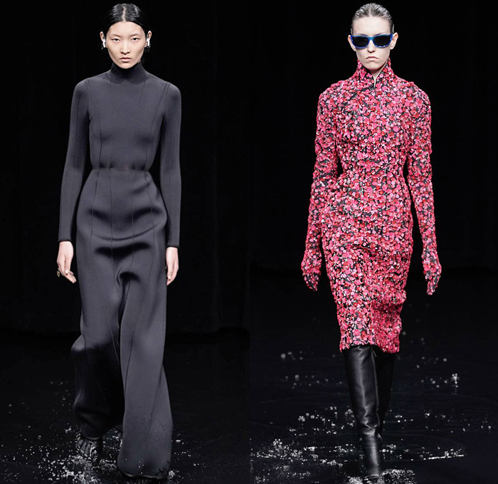 Balenciaga 2020-2021 Fall Autumn Winter Womens Runway Catwalk Looks - Mode à Paris Fashion Week France - Sinister Black Dark Frankenstein Strong Pointy Shoulders Accordion Pleats Tied Knot Flowers Floral Dress Denim Jeans Knit Turtleneck Sweater Midi Skirt Quilted Puffer Trench Coat Pantsuit Blazer Wide Leg Pants Cargo Pockets Pellegrina Cape Fur Body-con Jacket Herringbone Check Wrap Draped Silk Satin Gown Stockings Tights Polka Dots Duffel Bag PVC Vinyl Velvet Sunglasses Boots