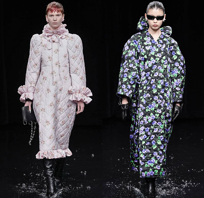 Balenciaga 2020-2021 Fall Autumn Winter Womens Runway Catwalk Looks - Mode à Paris Fashion Week France - Sinister Black Dark Frankenstein Strong Pointy Shoulders Accordion Pleats Tied Knot Flowers Floral Dress Denim Jeans Knit Turtleneck Sweater Midi Skirt Quilted Puffer Trench Coat Pantsuit Blazer Wide Leg Pants Cargo Pockets Pellegrina Cape Fur Body-con Jacket Herringbone Check Wrap Draped Silk Satin Gown Stockings Tights Polka Dots Duffel Bag PVC Vinyl Velvet Sunglasses Boots