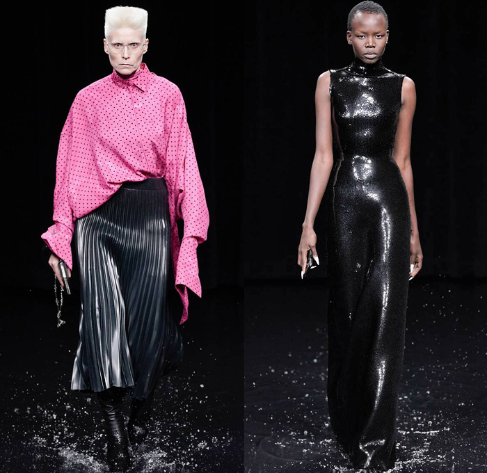 Balenciaga 2020-2021 Fall Autumn Winter Womens Runway Catwalk Looks - Mode à Paris Fashion Week France - Sinister Black Dark Frankenstein Strong Pointy Shoulders Accordion Pleats Tied Knot Flowers Floral Dress Denim Jeans Knit Turtleneck Sweater Midi Skirt Quilted Puffer Trench Coat Pantsuit Blazer Wide Leg Pants Cargo Pockets Pellegrina Cape Fur Body-con Jacket Herringbone Check Wrap Draped Silk Satin Gown Stockings Tights Polka Dots Duffel Bag PVC Vinyl Velvet Sunglasses Boots