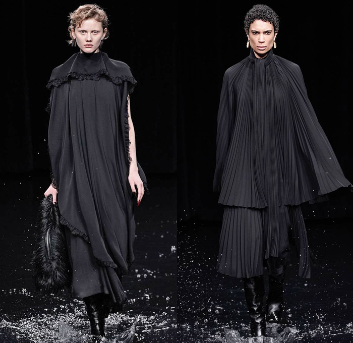 Balenciaga 2020-2021 Fall Autumn Winter Womens Runway Catwalk Looks - Mode à Paris Fashion Week France - Sinister Black Dark Frankenstein Strong Pointy Shoulders Accordion Pleats Tied Knot Flowers Floral Dress Denim Jeans Knit Turtleneck Sweater Midi Skirt Quilted Puffer Trench Coat Pantsuit Blazer Wide Leg Pants Cargo Pockets Pellegrina Cape Fur Body-con Jacket Herringbone Check Wrap Draped Silk Satin Gown Stockings Tights Polka Dots Duffel Bag PVC Vinyl Velvet Sunglasses Boots