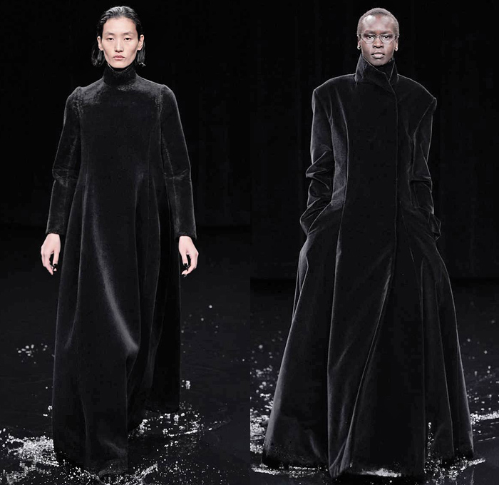 Balenciaga 2020-2021 Fall Autumn Winter Womens Runway Catwalk Looks - Mode à Paris Fashion Week France - Sinister Black Dark Frankenstein Strong Pointy Shoulders Accordion Pleats Tied Knot Flowers Floral Dress Denim Jeans Knit Turtleneck Sweater Midi Skirt Quilted Puffer Trench Coat Pantsuit Blazer Wide Leg Pants Cargo Pockets Pellegrina Cape Fur Body-con Jacket Herringbone Check Wrap Draped Silk Satin Gown Stockings Tights Polka Dots Duffel Bag PVC Vinyl Velvet Sunglasses Boots