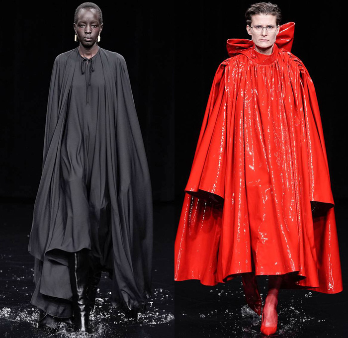 Balenciaga 2020-2021 Fall Autumn Winter Womens Runway Catwalk Looks - Mode à Paris Fashion Week France - Sinister Black Dark Frankenstein Strong Pointy Shoulders Accordion Pleats Tied Knot Flowers Floral Dress Denim Jeans Knit Turtleneck Sweater Midi Skirt Quilted Puffer Trench Coat Pantsuit Blazer Wide Leg Pants Cargo Pockets Pellegrina Cape Fur Body-con Jacket Herringbone Check Wrap Draped Silk Satin Gown Stockings Tights Polka Dots Duffel Bag PVC Vinyl Velvet Sunglasses Boots