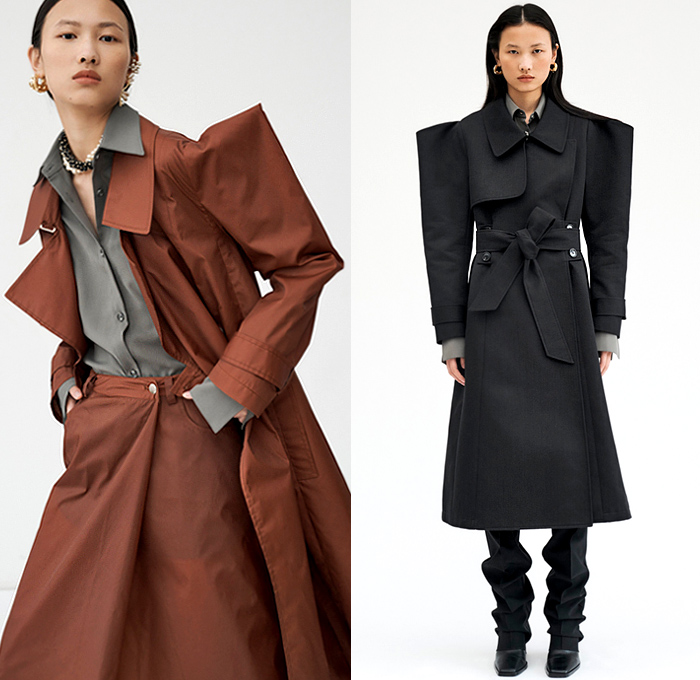 Beaufille 2020-2021 Fall Autumn Winter Womens Lookbook Presentation - Poufy Shoulders Boxy Sleeves Trench Coat Blazer Straps Wrap Cross Halterneck Pinafore Dress Sheer Chiffon Organza Lace Mesh Embroidery Liquefied Stains Abstract Crop Top Midriff Bralette Knit Weave Open Back Wide Leg Flare Palazzo Pants Turtleneck V-Neck Draped Neck Sweaterdress Stockings Tights Funnelneck Accordion Pleats Curved Hem Tiered Cutout Origami Tote Handbag