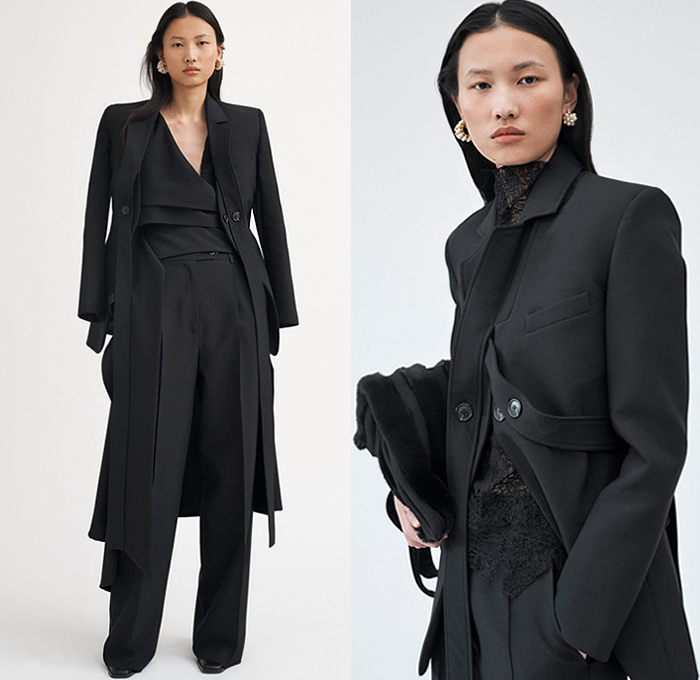 Beaufille 2020-2021 Fall Autumn Winter Womens Lookbook Presentation - Poufy Shoulders Boxy Sleeves Trench Coat Blazer Straps Wrap Cross Halterneck Pinafore Dress Sheer Chiffon Organza Lace Mesh Embroidery Liquefied Stains Abstract Crop Top Midriff Bralette Knit Weave Open Back Wide Leg Flare Palazzo Pants Turtleneck V-Neck Draped Neck Sweaterdress Stockings Tights Funnelneck Accordion Pleats Curved Hem Tiered Cutout Origami Tote Handbag