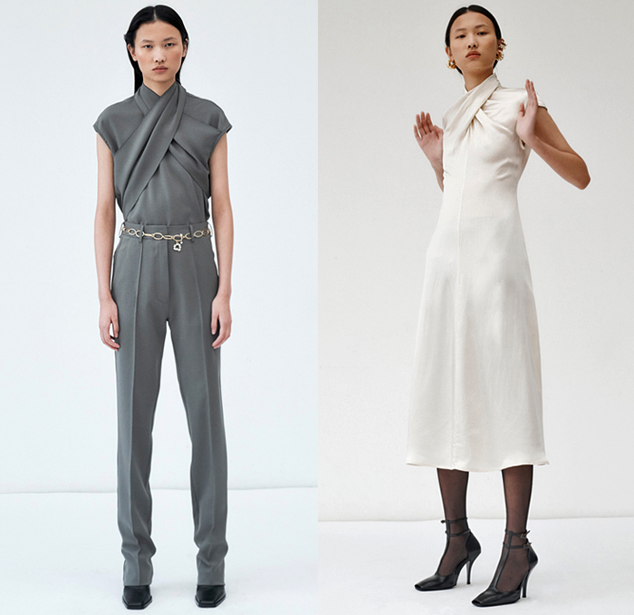 Beaufille 2020-2021 Fall Autumn Winter Womens Lookbook Presentation - Poufy Shoulders Boxy Sleeves Trench Coat Blazer Straps Wrap Cross Halterneck Pinafore Dress Sheer Chiffon Organza Lace Mesh Embroidery Liquefied Stains Abstract Crop Top Midriff Bralette Knit Weave Open Back Wide Leg Flare Palazzo Pants Turtleneck V-Neck Draped Neck Sweaterdress Stockings Tights Funnelneck Accordion Pleats Curved Hem Tiered Cutout Origami Tote Handbag