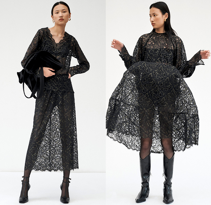 Beaufille 2020-2021 Fall Autumn Winter Womens Lookbook Presentation - Poufy Shoulders Boxy Sleeves Trench Coat Blazer Straps Wrap Cross Halterneck Pinafore Dress Sheer Chiffon Organza Lace Mesh Embroidery Liquefied Stains Abstract Crop Top Midriff Bralette Knit Weave Open Back Wide Leg Flare Palazzo Pants Turtleneck V-Neck Draped Neck Sweaterdress Stockings Tights Funnelneck Accordion Pleats Curved Hem Tiered Cutout Origami Tote Handbag