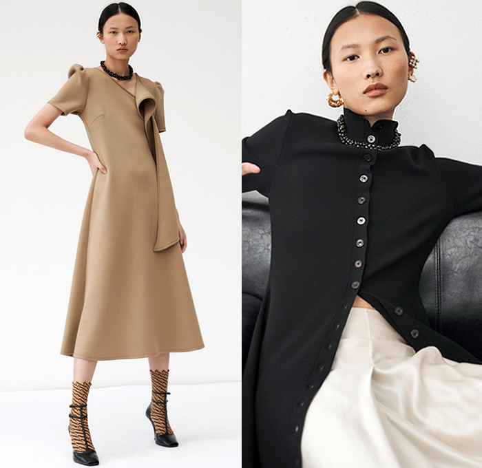 Beaufille 2020-2021 Fall Autumn Winter Womens Lookbook Presentation - Poufy Shoulders Boxy Sleeves Trench Coat Blazer Straps Wrap Cross Halterneck Pinafore Dress Sheer Chiffon Organza Lace Mesh Embroidery Liquefied Stains Abstract Crop Top Midriff Bralette Knit Weave Open Back Wide Leg Flare Palazzo Pants Turtleneck V-Neck Draped Neck Sweaterdress Stockings Tights Funnelneck Accordion Pleats Curved Hem Tiered Cutout Origami Tote Handbag