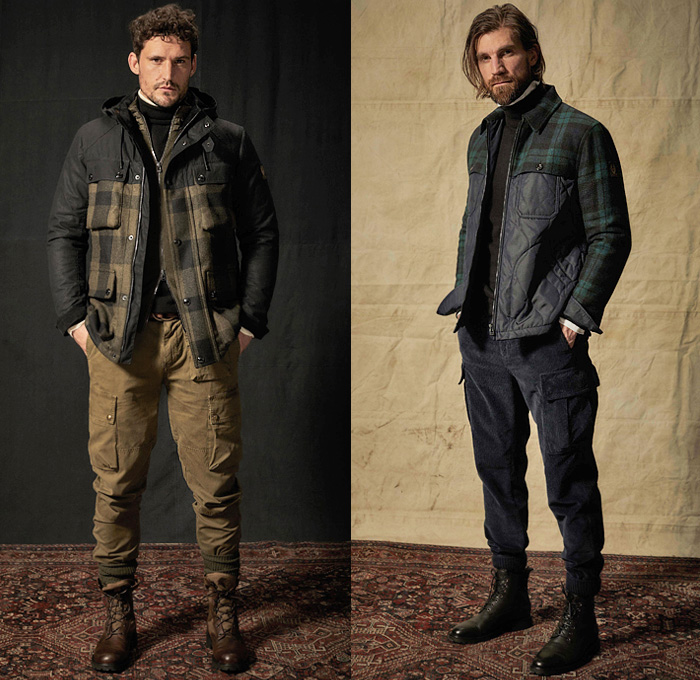 Belstaff 2020-2021 Fall Autumn Winter Mens Lookbook Presentation - Milano Moda Uomo Milan Fashion Week Italy - Heroes of The Road Minneapolis 1950s Fifties Vintage Rustic Distressed Trialmaster Motorcycle Moto Biker Racer Leather Suede Puffer Quilted Field Fatigues Jacket Blackwatch Tartan Check Plaid Patchwork Panel Split Military Hoodie Wool Coat Cargo Flap Utility Pockets Fleece Knit Turtleneck Sweater Corduroy Pants Denim Jeans Boots